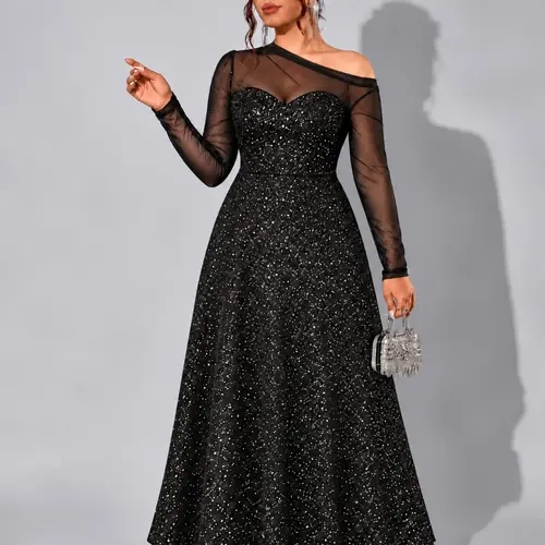 Plus Size One-Shoulder Mesh Long Sleeve Sequin Formal Evening Gown, Asymmetric Off-Shoulder Design, High Waist A-Line Dress, Perfect for Weddings and Parties