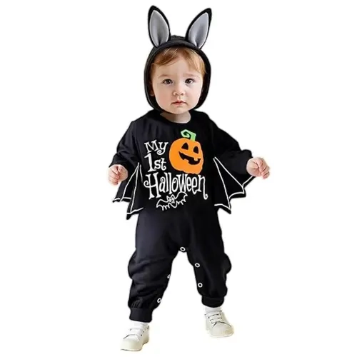 Bat Theme Halloween Onesie Set for 0-24 Months Infants, Cotton Blend Costume with 3D Ears & Hat, Unisex Fashion Accessory Set