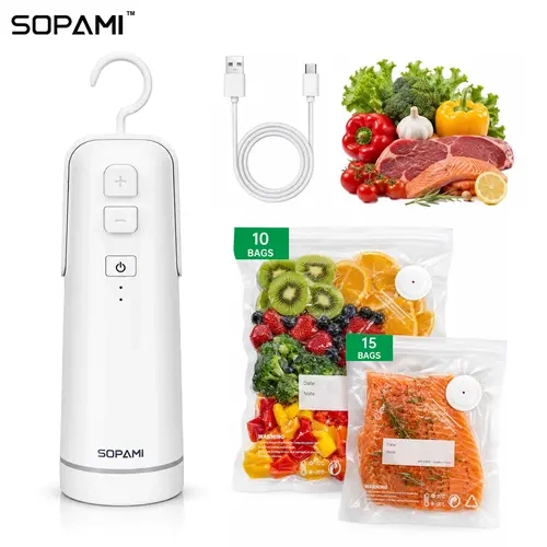 SOPAMI Compact Handheld Lightweight Minimalist Vacuum Sealer, Cordless Rechargeable Pump Portable Kit with Reusable Storage Bags for Meat Meal Prep, Maintains Food Freshness