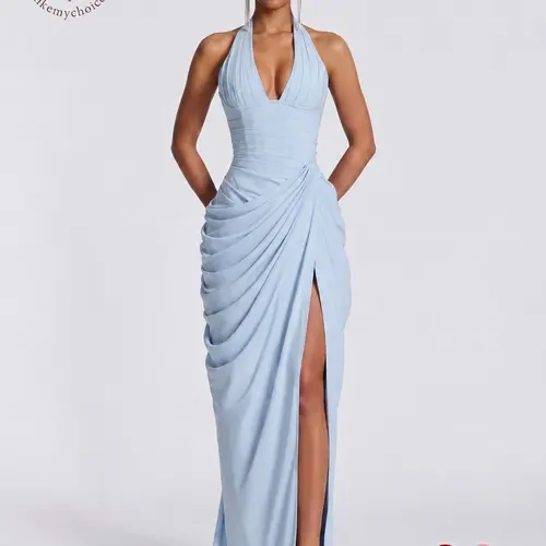 LikeMyChoice Women Halter V Neck Ruched Slit Maxi Formal Dress Elegant Bodycon Evening Gown for Wedding Guest Prom Party