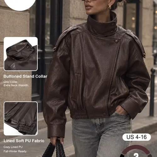 Katch Me Chic Women's Versatile Faux Leather Bomber Jacket, Stand Collar Zip & Button PU Biker Jacket for Fall & Winter, Durable Windproof Lined Outerwear with Side Pockets #TikTokMadeMeBuyIt #CasualStreetwear #Windbreaker
