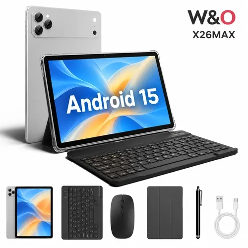 W&O X26MAX 11" Android 15 Tablet Bundle, 12GB+256GB, 10000mAh Battery, GPS, Keyboard, Wireless Mouse, Stylus, Screen Protector, Charging Cable & Case, Portable Tablet for School, Office and Travel