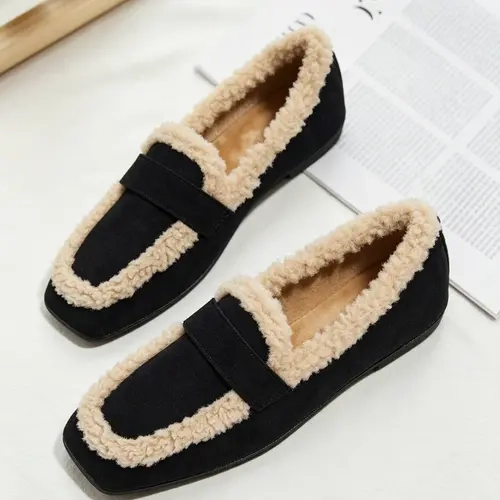 Women Square Toe Faux Suede Loafers, Wide Feet Friendly, Cozy Faux Shearling Lined, Warm Winter Slip On Flats, Non Slip Outsole, True to Size, Versatile All Day Wear, Fall & Winter for Office Commute & Daily Wear, Women Shoes, Flat Footwear