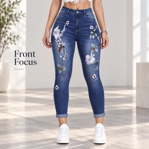 Women’s Embroidered Elegant Floral High-Waisted Crop Skinny Jeans - Sculpting Blue Denim Trousers with Pockets, Casual Streetwear Bottoms for Work Weekend, All-Season Feminine Items for Women