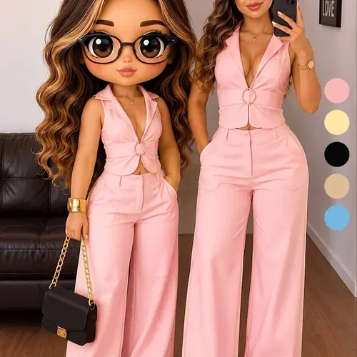 Women's Two-Piece Set, Sexy V-Neck Button Back Vest, High-Waisted Wide-Leg Pants, Fashionable Women's, Stylish Clothing Ensemble