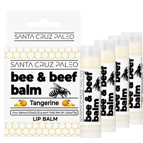 Santa Cruz Paleo Grass Fed Beef Tallow & Beeswax Lip Balm (Tangerine Flavor) - 4 Pack - Beef Tallow for Skin Care, Lip Moisturizer, Hypoallergenic for Sensitive Skin, Long Lasting & Vitamin Rich