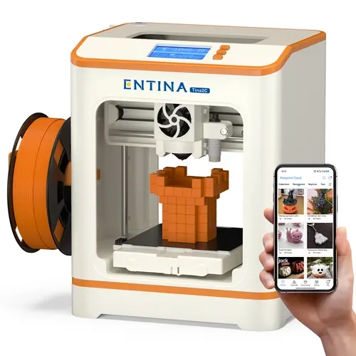 Entina Tina2C Mini Fully Assembled 3D Printer Starter Bundle for Kids, Auto-Leveling, 3.9" Build Area, WiFi & App Control, Intuitive Setup, 1500+ Models, 20+ DIY Modules, Removable Plate, LED Lighting,Birthday Gift