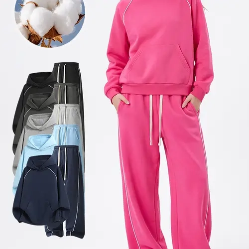 Women Solid Color Hoodie & Wide Leg Pants 2Pcs Outfit, Fall Winter Loose Casual Sporty Two Piece Set, Multiple Colors Available