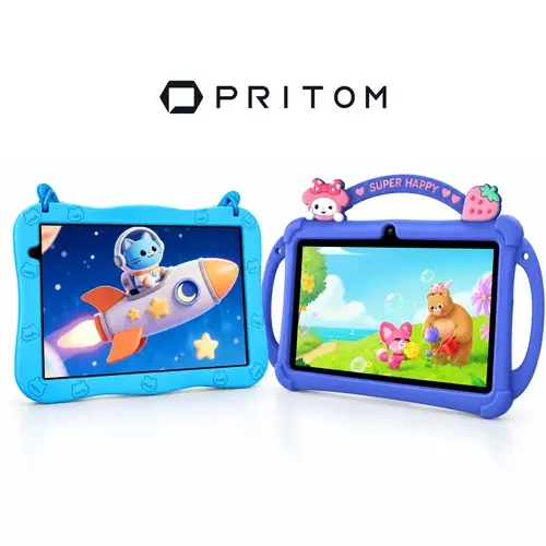 PRITOM Kids Tablet Bundle 10 Inch and 7 Inch Android Tablets 8GB Memory 32GB Storage WiFi 6 Dual Camera 6000mAh Battery Protective Silicone Cases Educational Apps Animal Flash Cards for Boys and Girls