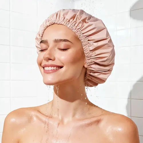 Women's Large-Size Reusable Waterproof Satin-Lined Bonnet Scrub Cap - Soft Elastic Band, Washable, Pink Bathroom Accessories