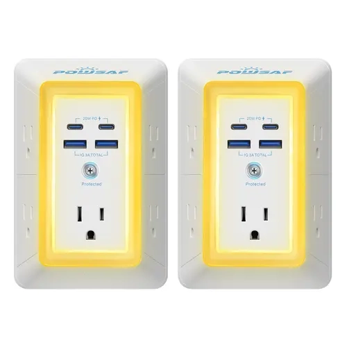 POWSAF Multi Plug Outlet Surge Protector, 3-Sided 5 Adapter-Spaced Outlets, 4 USB Ports (2 USB-C Fast Charging), Night Light, ETL-Certified Indoor Use Extender for Phones & Electronics