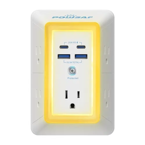POWSAF Multi Plug Outlet Surge Protector, 3-Sided 5 Adapter-Spaced Outlets, 4 USB Ports (2 USB-C Fast Charging), Night Light, ETL-Certified Indoor Use Extender for Phones & Electronics