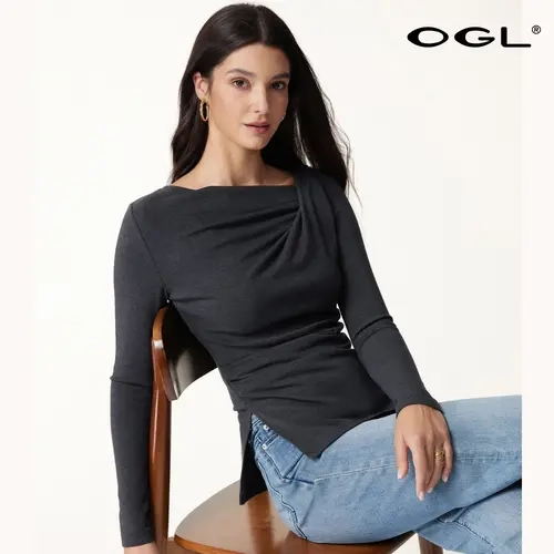 Women's OGL Eco-Mousse Blouse - Asymmetrical Neck, Long Sleeve, Tucked-Waist Shirt,Blouses,Shirts Fall Deals For You