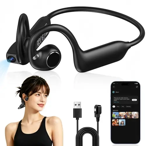FunnyPanda Chargeable Bone Conduction Open-Ear Wireless Headphones - Built-In 8MP Camera, AI Translation, Instant Memory, Mobile Audio Support, Water Repellent for Running, Travel
