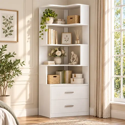 65.4" Tall Corner Bookshelf with 2 Drawers, Reversible L-Shaped Bookcase for Small Spaces, Vertical Storage Shelf for Books, Decor, Bedroom & Home Office