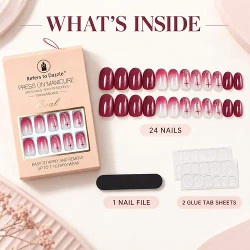 Bluimon Press On Manicure Kit - 24 Nails, 1 Nail File, 2 Glue Tab Sheets, Easy Application & Removal, 7-10 Days Wear