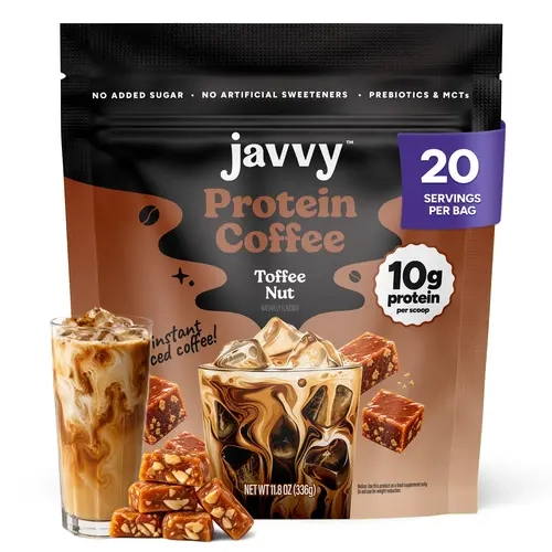 Javvy Toffee Nut Protein Iced Coffee Premium Whey Protein & Instant Iced Coffees - 100% Natural Cold Brew - Zero Artificial Flavors & Sweeteners, 80 mg Caffeine, No Added Sugar, 20 Servings