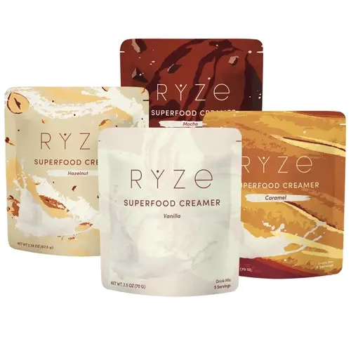 RYZE SUPERFOODS Superfood Creamer Variety Pack - Single Serve Drink Packet Coffee Creamer, Ambient Temp Compatible, Low Cholesterol Base for Coffee, Single Serve Coffee Creamer