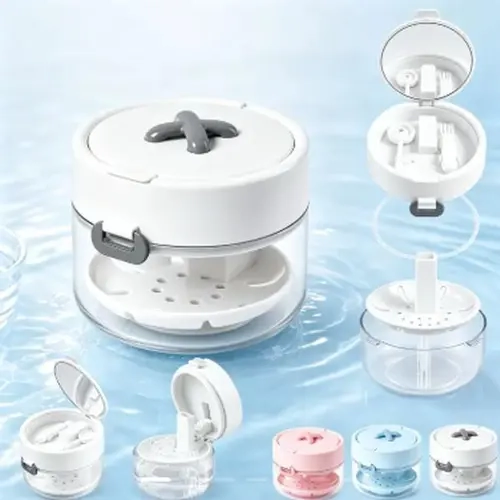 3-in-1 Dental Care Cleansing Kit with ABS Oral Retainer Case - Lightweight Compact Bathroom Tumbler, Top Handle, Mirror, Cleaning Brush, Auto-Rising Aligner Bath, Strainer Basket for Easy Rinsing, Travel & Daily Use