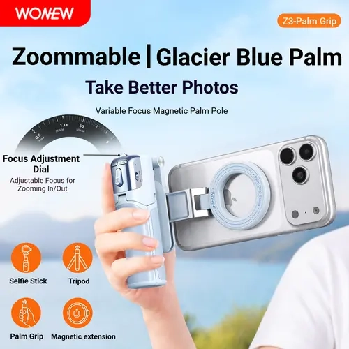 WONEW Z3 Nylon-Fiber Zoomable Magnetic Palm Grip Mini Selfie Stick, Portable Mobile Accessory with Focus Adjustment Dial, Phone Holder Stand for Travel
