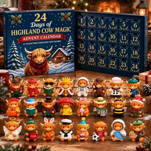 2026 Christmas 24-Day Lightweight 3D Highland Cow Advent Calendar - 24 Cute Miniature Figurine Surprises, Kids' Gift, Festive Home Decoration, Door Ornaments, Party Supplies