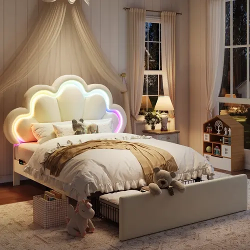 MUTICOR Twin/Full/Queen Size Velvet Bed Frame, Pink Princess Petal Platform Bed with Adjustable Upholstered Headboard, Smart LED Lights & Under‑Bed Storage Drawer, No Box Spring Required, Easy Assembly