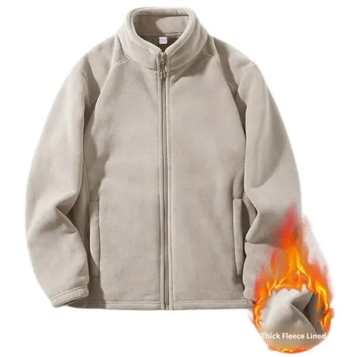 Men's autumn and winter solid color full zipper stand up collar jacket, thick velvet warm long sleeved sportswear, zipper pocket, minimalist style top, daily wear, street style, casual vacation #sohochic