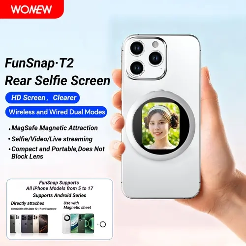WONEW T2 Series Nylon/Fiber MagSafe Magnetic Selfie Accessory, HD Screen, 10M Remote, Wireless-Wired Dual Modes, 4H Battery, Compatible with iPhone 5-17 & Android Huawei