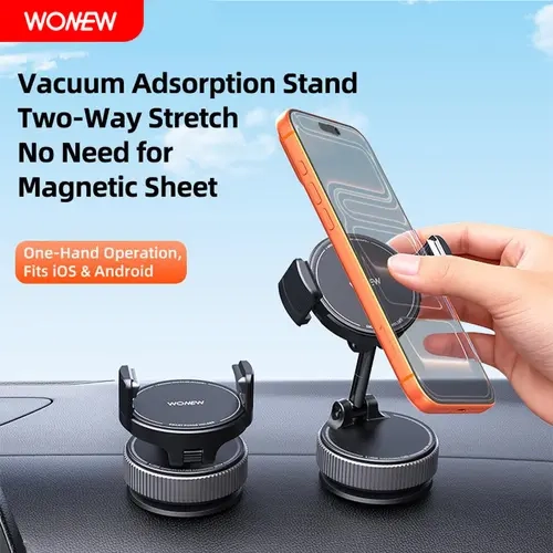 WONEW ZJ53 Model Nylon+Fiber Magnetic Phone Holder Stand, Vacuum Mount Dashboard Holder, Foldable, 2-Way Stretch, 1-Hand Op., for Navigation, Fits iOS/Android Devices