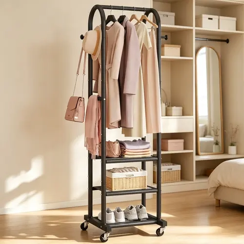 UDEAR Clothing Rack with Wheels,Clothing Organizer for Hanging Clothes Coat Scarves Bags,Multi-functional Bedroom Garment Rack