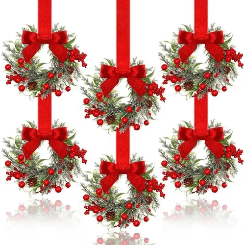 4/6 Pcs Christmas Mini Artificial Cabinet Wreaths - Norfolk Pine, Cypress Leaves, Red Berries, Pinecones with Ribbon Bows - Festive Home Decor for Window, Front Door, Farmhouse Wall - Christmas Decorations