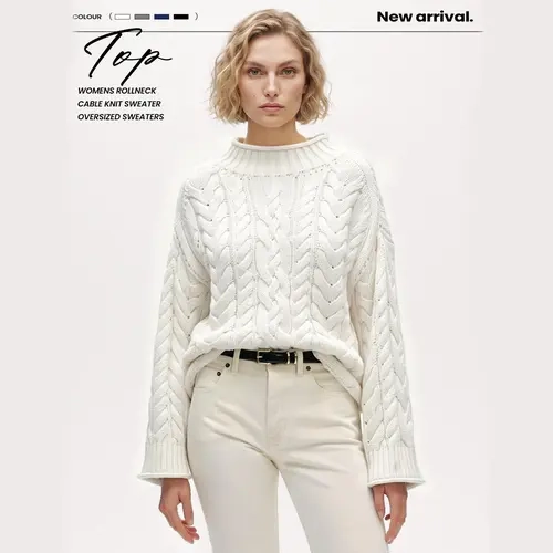Arssm Womens Rollneck Sweater Oversized Cable Knit Chunky Pullovers