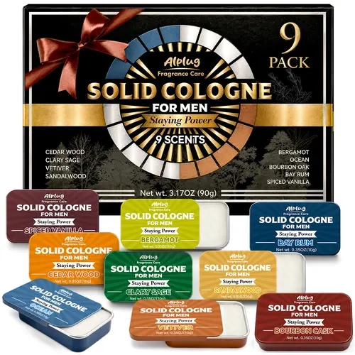 L LIUCED 9-Pack Solid Cologne Gift Set for Men - Cedar Wood, Bergamot, Sandalwood, Clary Sage, Vetiver, Ocean Scents - Travel & Birthday Gift for Him Dad Husband Boyfriend