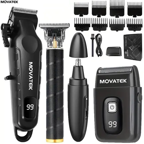 MOVATEK Men's 3-4-Piece Matte Metallic Black Lightweight Professional Clipper Kit - USB Rechargeable Cordless Barber Set with Trimmer, Razor, Nose Trimmer, Shaver, LCD Display, Adjustable Blade for Daily Smooth Face & Body Use, Father's Day Gift