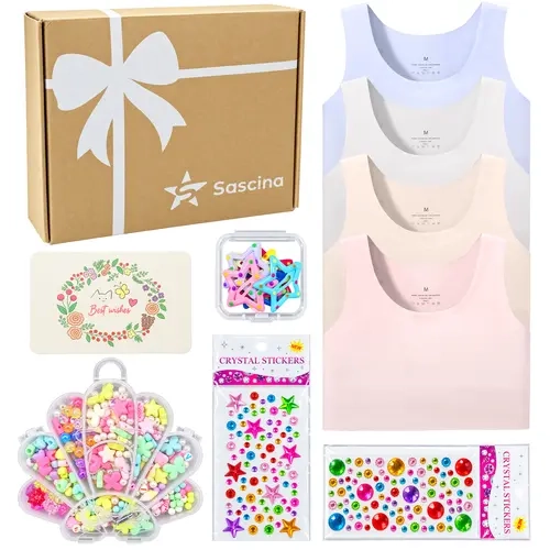 Sascina Girls Training Bras 4-Pack Christmas Gift Set, Seamless First Bras for Growing Girls with Crystal Stickers, Star Hair Clips, DIY Bracelet Kit & Holiday Card