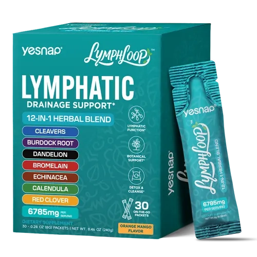 Yesnap Lymphatic Drainage Dietary Supplement - 12-in-1 Herbal Blend Drink Mix with Cleavers, Burdock Root, Dandelion, Echinacea, Sugar-Free Orange Mango Flavor, 30 Stick Packs for Debloating & Detox Aid