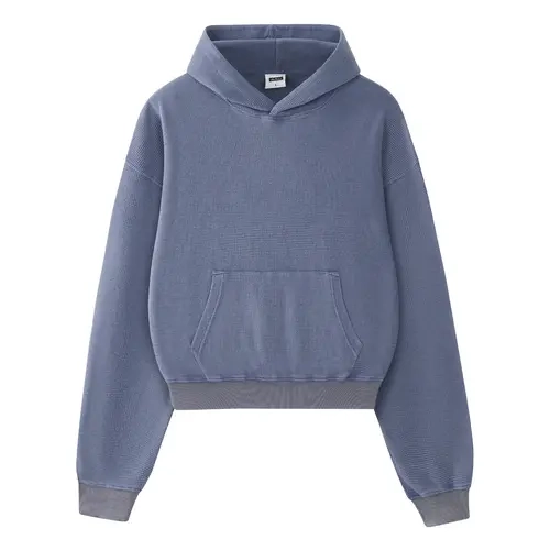 FAIABLE Unisex Washed Waffle Hoodie, Oversized Boxy Fit Cropped Pullover Sweatshirt, Cotton Blend Vintage Hoodie with Kangaroo Pocket for Men Women