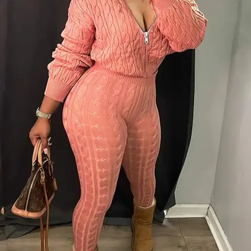 Women's  Solid Twist Textured Zip Up Crop Jacket & High Waist Pants Set, Casual Long Sleeve Drawstring Hooded Top & Skinny Trousers for Fall & Winter