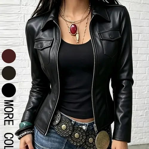 Women's Faux Leather Jacket, Slim Fit Lapel Zipper Short Motorcycle Coat, Vintage Y2K Street Style, Fashionable Leather Top