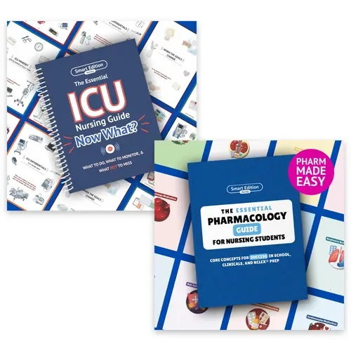 ICU Nursing Guide + Pharmacology Guide Bundle - 281-Page Full-Color Critical Care Bedside Handbook & 224-Page Nursing Pharmacology Book, 2-Book Set for New Grad ICU Nurses, Orientation & Nurse Gift