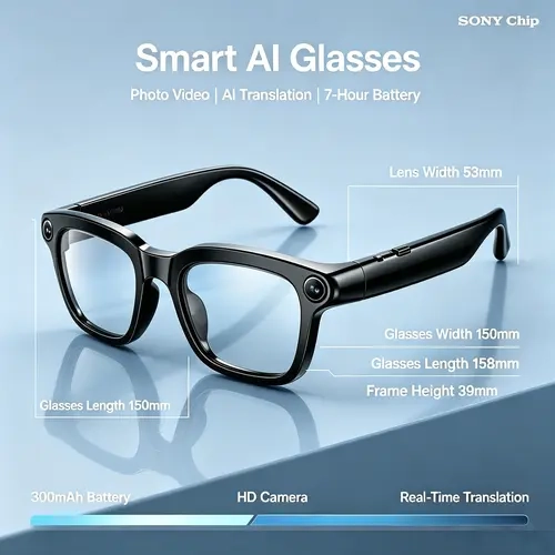 HIEHA Smart AI Wearable Smart Glasses - 2MP Camera, 3 Lens Options, Touch & Button Control, Wireless Sync, Bluetooth, HD Video, 30+ Languages Real-Time Wireless Translation for Travel, Outdoor Use, Wireless Translation Smart Glasses