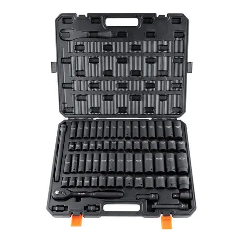VEVOR 1/2" Drive Impact Socket Wrench Tool Kit Set, 65-Piece Cr-V Steel Mechanic Tools, 6-Point SAE 3/8"-1-1/4" & Metric 10-24mm Sockets, Easy-to-Read Markings, Rugged Build, Storage Case for Car Repair