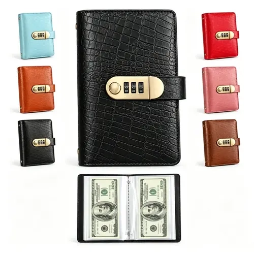 A6 Savings Binder with 3-Digit Resettable Password Lock, PU Leather Budget Planner with 100 Transparent Pockets, Cash Envelope Money Organizer, Banknote Collection Album for Savings, Expense Tracking & Secure Storage