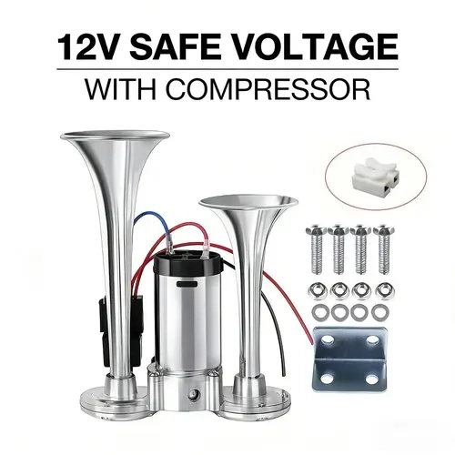 12V DC Chrome Dual Trumpet Air Horn Kit with Compressor - 135dB Max Vehicle Accessory, Universal Truck Accessories for Cars, Boats, Motorcycle Exterior Upgrade