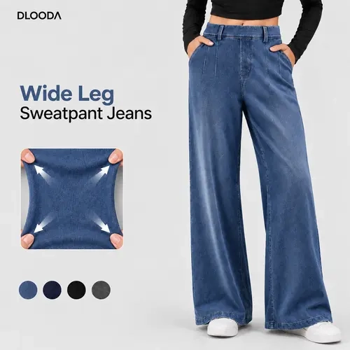 DLOODA Women's Basic Pull-on Wide Leg Denim Jeans - Women's Bottoms, Trouser, Pants for All Body Shapes, Comfortable Everyday Wear, Pants For Women