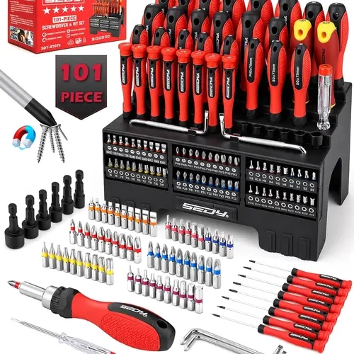 SEDY Magnetic Tips Screwdriver Set - 101-Piece Kit with 60 Bits, Ratchet, and Storage Rack, Magnetic Tips Screwdriver Sets