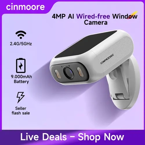 【Live Deal】CINMOORE Outdoor Wireless Solar Security Camera, No-Drill Magnetic Design, Built-in Solar Panel & Light, 9000mAh Battery, AOR Recording, Free AI Detection (Human/Vehicle/Animal), Color Night Vision, Dual-Band WiFi, Micro SD Compatible