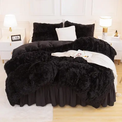Litanika Shaggy Faux Fur Reversible Crystal Velvet Plush Bed Comforter Set - Ultra-Soft Warm Solid Color Bedding, Soft and Luxury Reversible Duvets & Sets for Beds