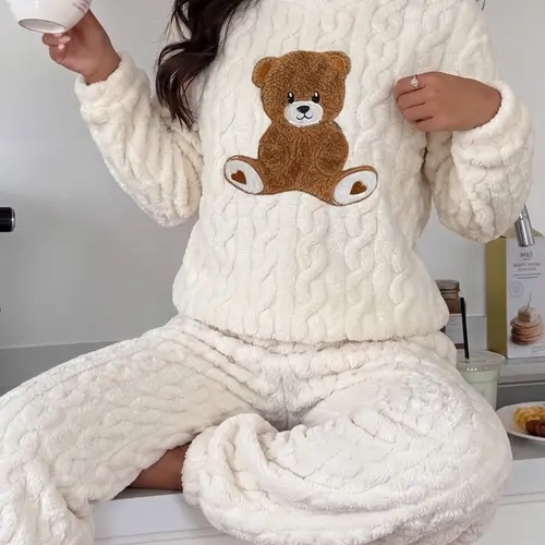 Women's 2-Piece Plush Warm Pajama Set, Long Sleeve Bear Embroidery Top & Pants, Comfortable Elegant Design, Perfect for Fall Winter