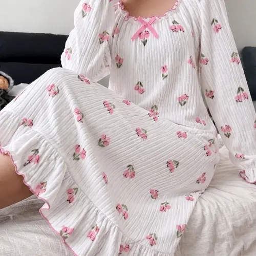 Winter New Women's Long Sleeve Tulip Floral Print Flounce Hem Sleep Dress, Bow Decoration, Comfortable and Fashionable, Ideal for Sleeping